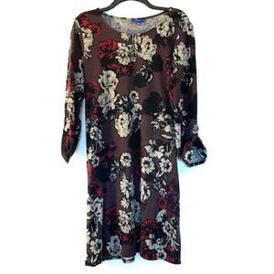 Apt. 9 Burgundy Dress with Floral Pattern and Buttoned Cuffs